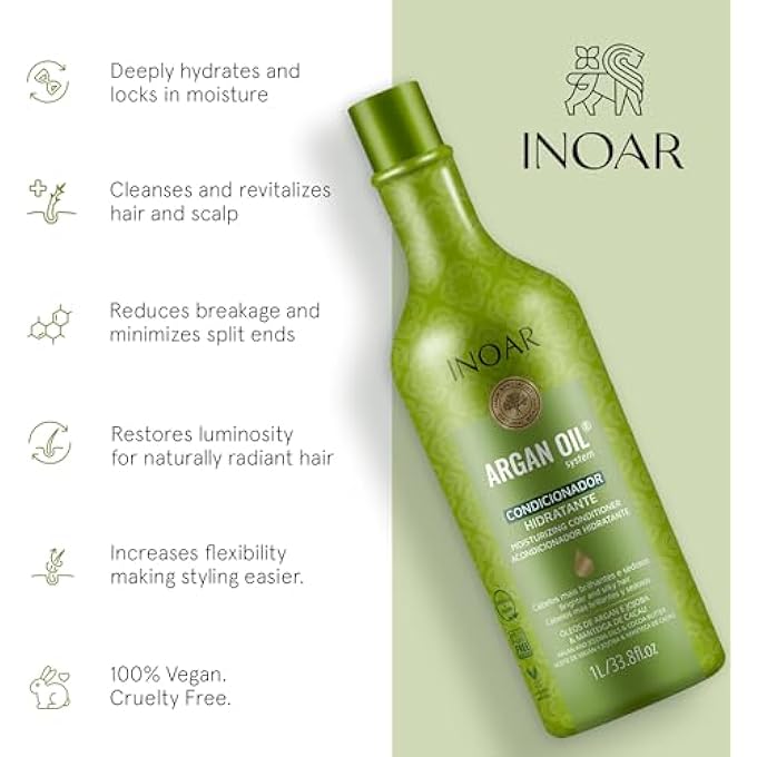 Inoar ARGAN OIL HYDRATING SYSTEM CONDITIONER WITH ARGAN OIL, JOJOBA OIL AND COCOA BUTTER, 1 LITRE - Image 3